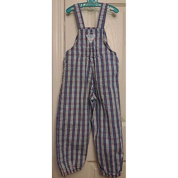 Osh Kosh B’Gosh Vintage Vestbak Pink Purple Plaid Overalls Bubble 4T Romper Deni - Picture 11 of 11